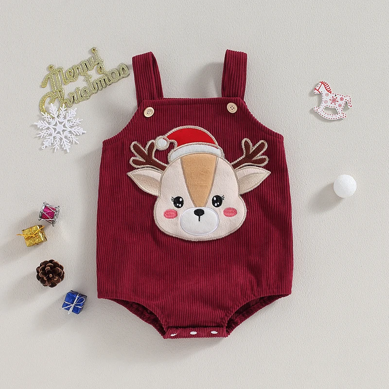 0-18M Baby Boy Christmas Corduroy Rompers Infant Elk Embroidery Buttom Sleeveless Jumpsuits Overalls Newborn Bodysuit for Winter