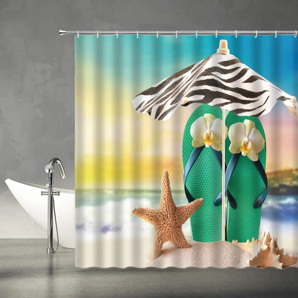 

Ocean Beach Shower Curtain Troptical Starfish Parasol Green Flip Flops Sunshine Scene Bath Curtains Bathroom Waterproof Screens