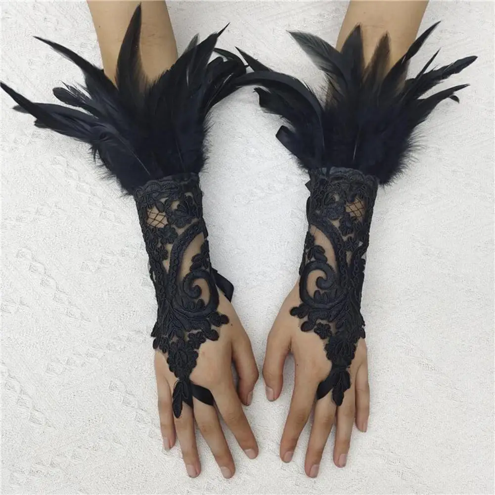 1Pc Long Gloves Sexy Lace Feather Design Elegant Gothic Mesh Sleeve Ribbon Tied Easy Wearing Gloves Halloween Party Supplies