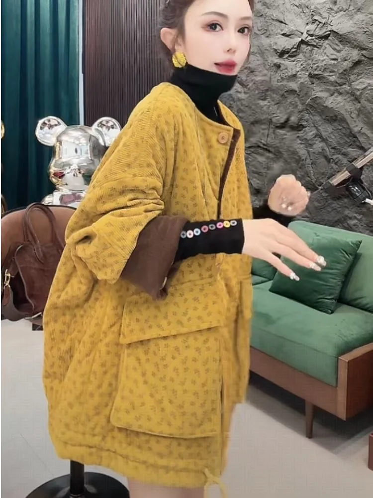 

Свободное пальто из тонкого хлопка с круглым вырезом, новинка 2025 года, в корейском стиле, с принтом, из вельвета, дышащее, женское, демисезонное