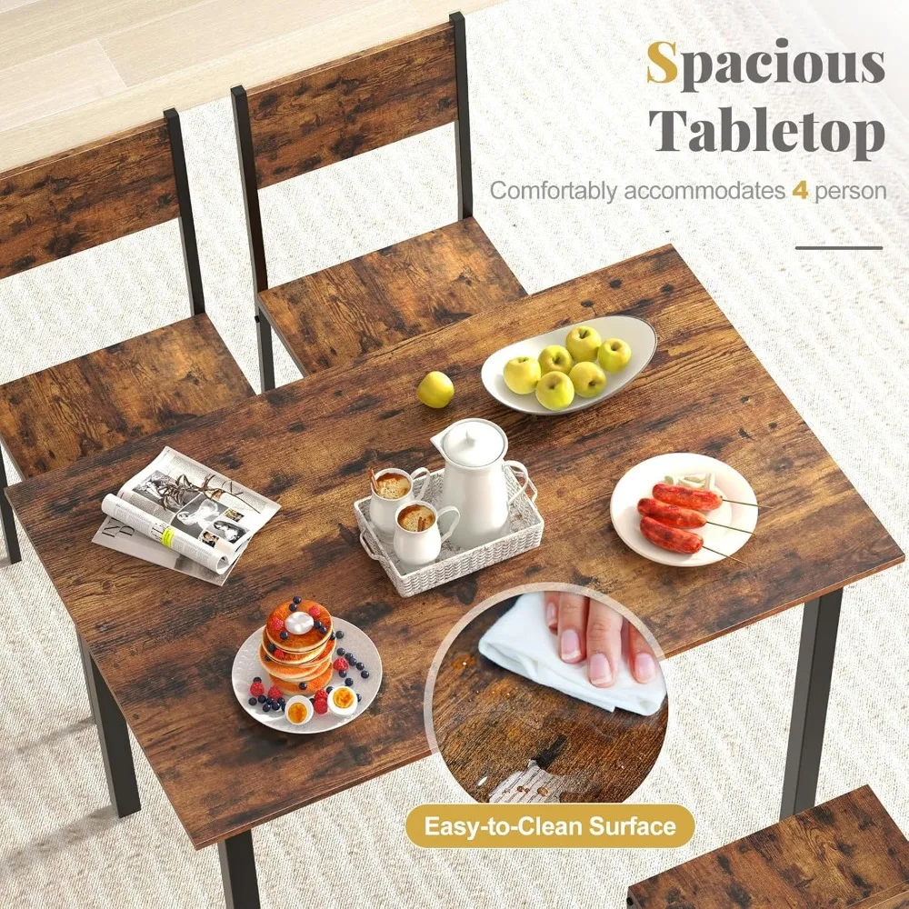 Dining Table Set for 4, 5-Piece Kitchen Table Set with Dinner Table, Dining Chairs, Metal Frame, Space-Saving Dinette Se