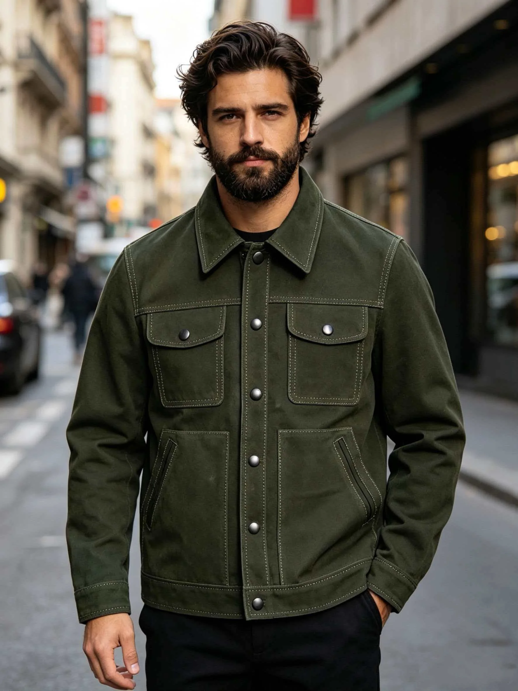 Dark Green Autumn Leather Jacket Men Casual Style Plus Size 3XL Genuine Natural Cow Suede Turn-Down Collar Single Breasted Coat