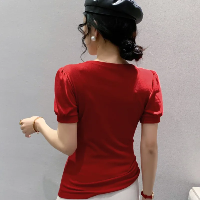 #5370 Red Black Puff Sleeve T Shirt Femme V-neck Sexy Short Women\'s T-shirt Slim Cotton Elasitc Women\'s Tee Shirt Summer