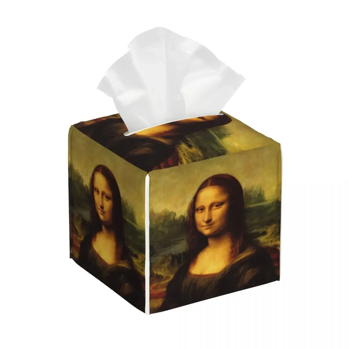 Custom Classic Mona Lisa By Leonardo Da Vinci Tissue Box Cover PU Leather Square Painting Art Facial Tissues Holder for Office