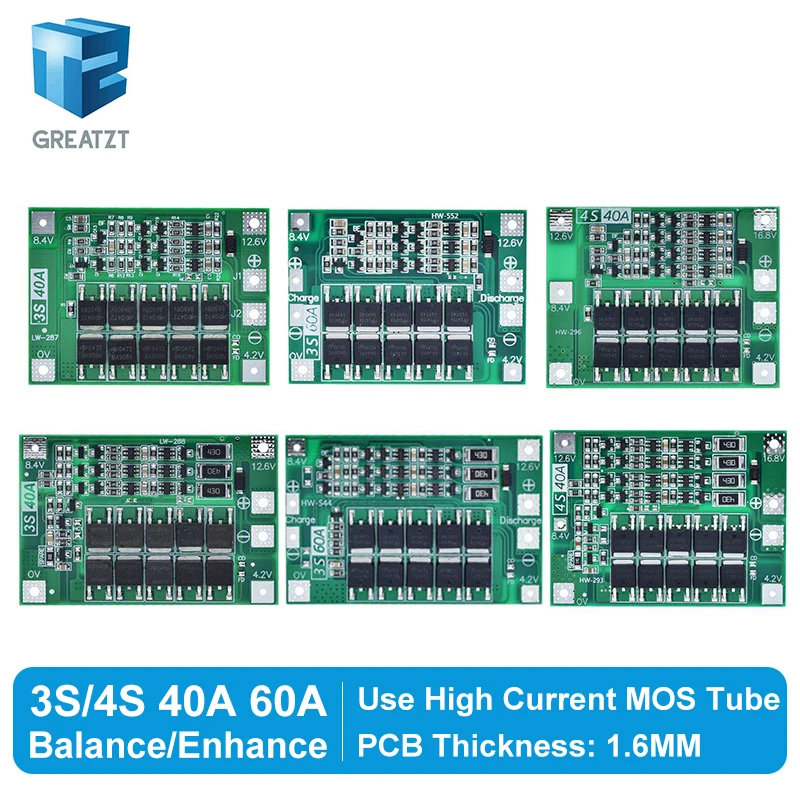 3S 4S 40A 60A Li-ion Lithium Battery Charger Protection Board 18650 BMS For Drill Motor 11.1V 12.6V/14.8V 16.8V Enhance Balance