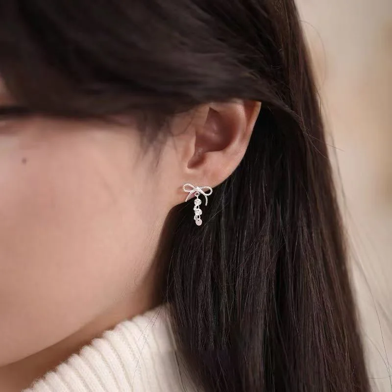 925 Sterling Silver Bowknot Sequin Tassel Stud Earrings For Women Classic Fine Jewelry Elegant Accessories