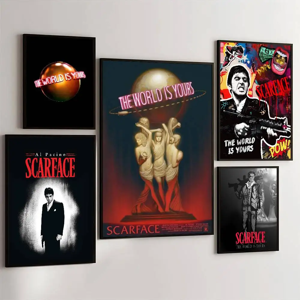 Póster artístico autoadhesivo de la película Scarface The World Is Yours, decoración de pared, pintura, papel Kraft blanco, decoración del hogar