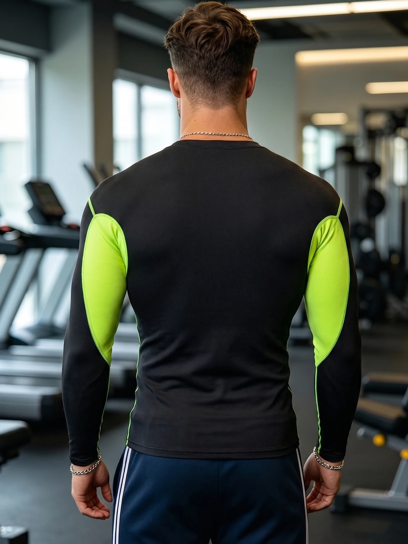 Men Contrast Panel Compression Long Sleeve Shirt Moisture Wicking Crew Neck Athletic Top Stretch Breathable Base Layer For Gym