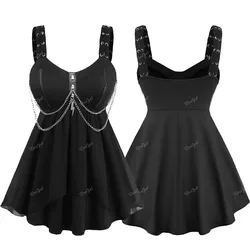 ROSEGAL Plus Size Women's Tank Top Black Chains Lace Up Grommets Mesh Layered Vest Summer Casual Tops
