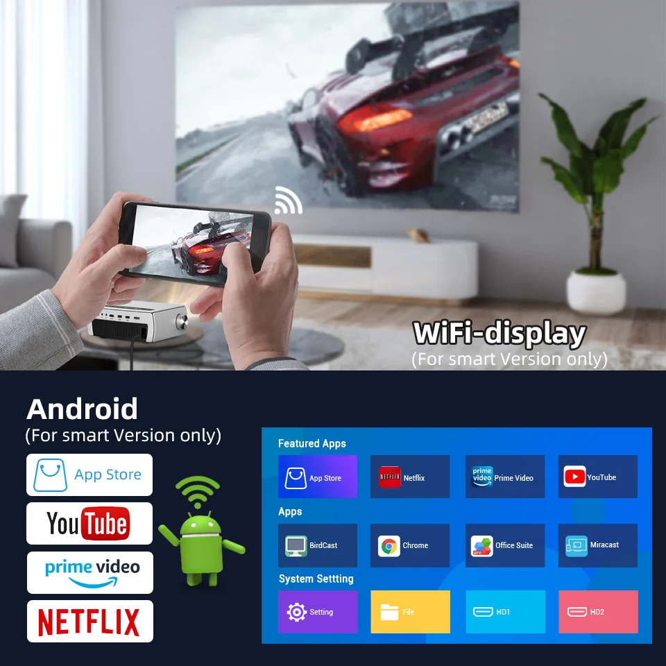 Byintek-K18 Projetor Inteligente LCD WIFI Overhead, Mini PC, Android, LED, Feixe de Vídeo Pequeno, Projetores Portáteis, 7 Anos, 1080P, Full HD