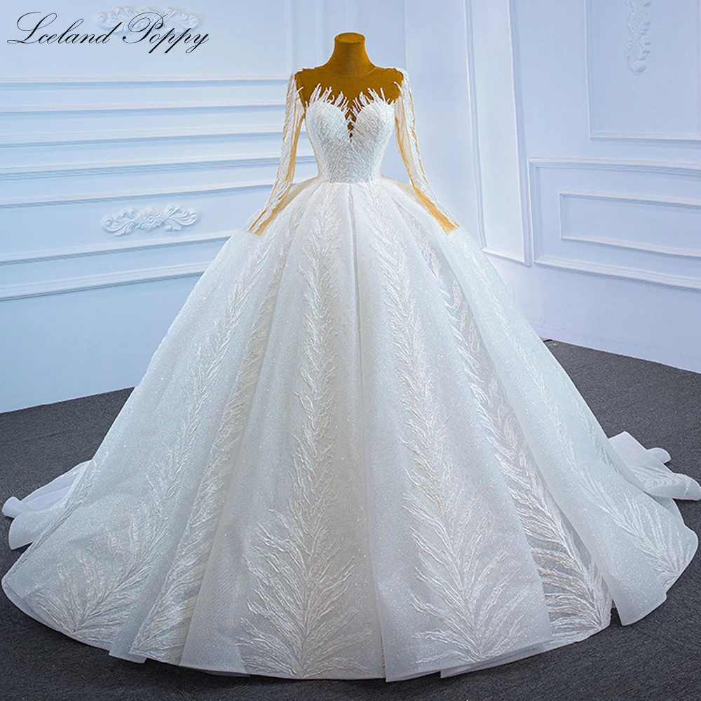 

Lceland Poppy Women's Ball Gown Lace Wedding Dresses Floor Length Scoop Neck Long Sleeves Beaded Bridal Gowns with Court Train