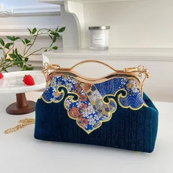 Chinese Style Embroider Print Evening Bag For Women Metal Handle Handbags Simple Chain Shoulder Bags Prom Party Clutches Purses