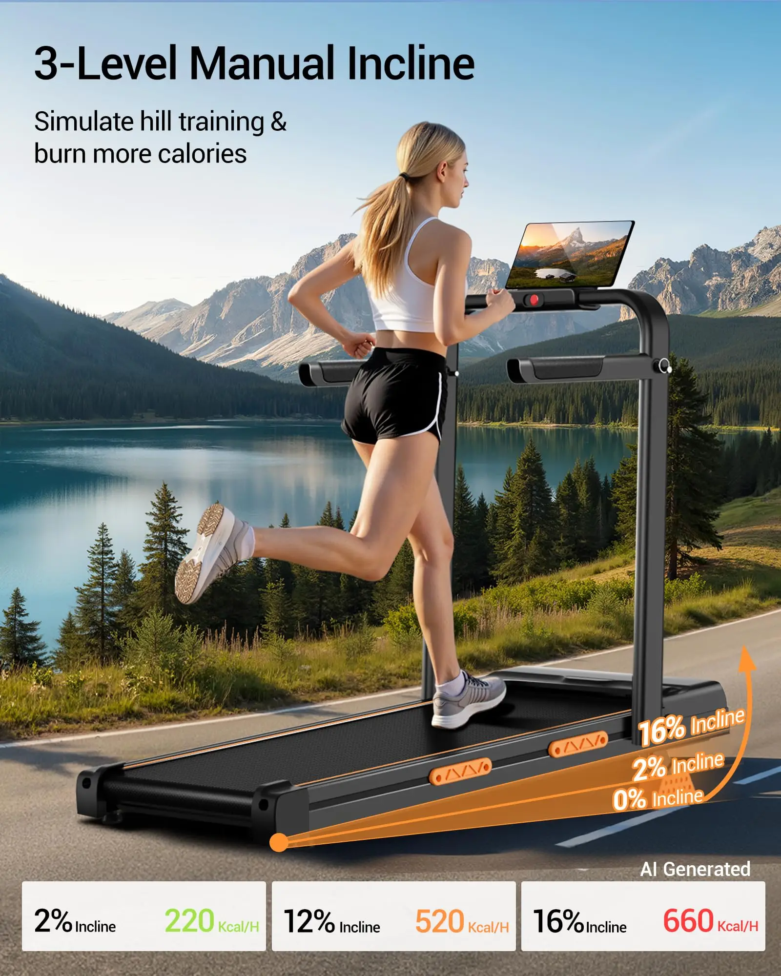 16% Incline Walking Pad Treadmill, 3-in-1 Under Desk Treadmill with Handles