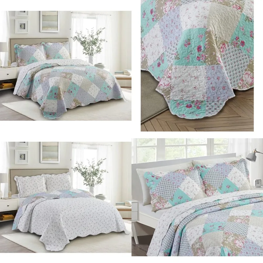 

Blue and Green Rose Patchwork, 3-Piece Quilt Set with 2 Shams, Reversible Bedspread, Soft Lightweight Coverlet, All-Season, Full/Queen, Blue Green