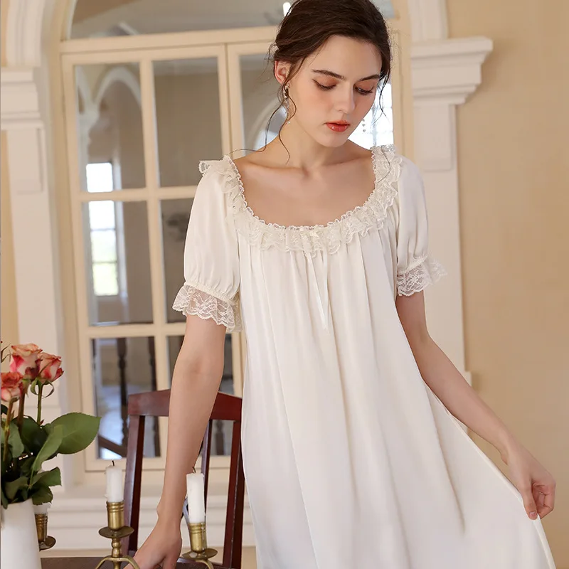 Sweet Summer Ice Silk Nightdress Women Satin Round Neck Nightgown Princess Sleepwear Nightwear Sexy Short Sleeve Night Dress