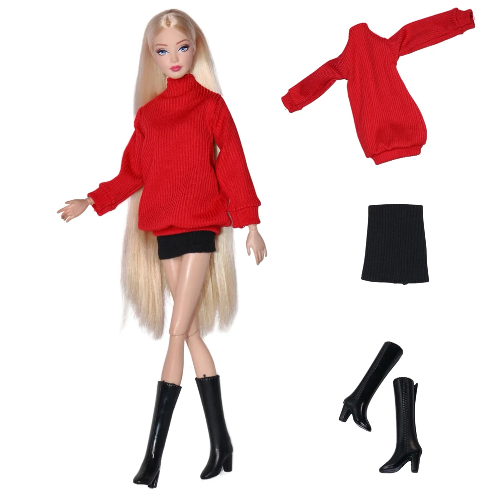 

NK 1 Pcs 1/6 Doll Clothes Knit Red Top + Skirt + Boots 11.5 Inch Doll Clothes Outfit 30 CM ﻿Doll Shoes Accessories Toys Gift