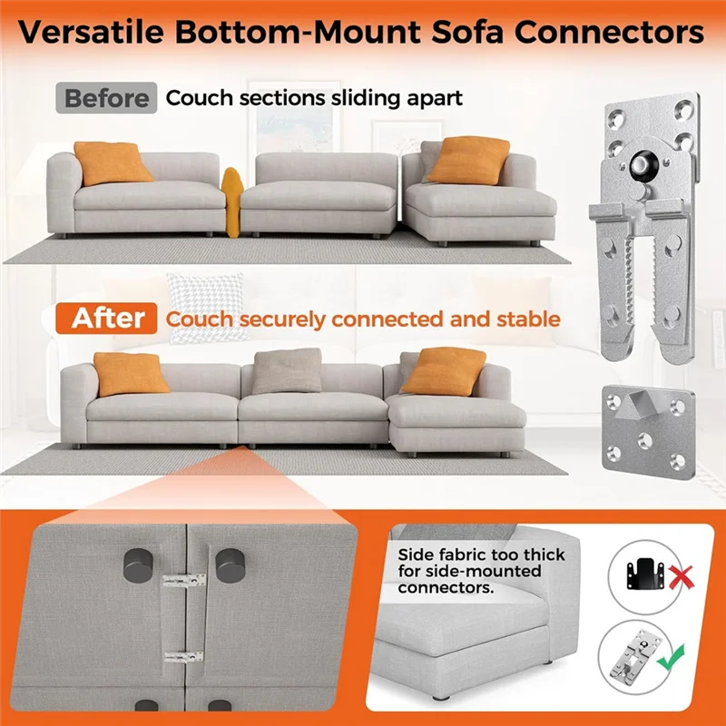 IALJ-Sectional Couch Connectors, Thickened Interlocking Alligator Couch Connectors To Make Sectional Stay (4 Pack+40 Screws)