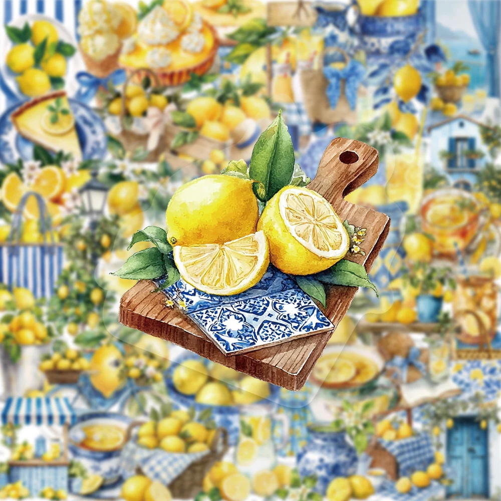 50PCS Mediterranean Lemon Themed Fresh Art PET Stickers for Scrapbook Laptops Suitcases Guitars Water Cup Phone