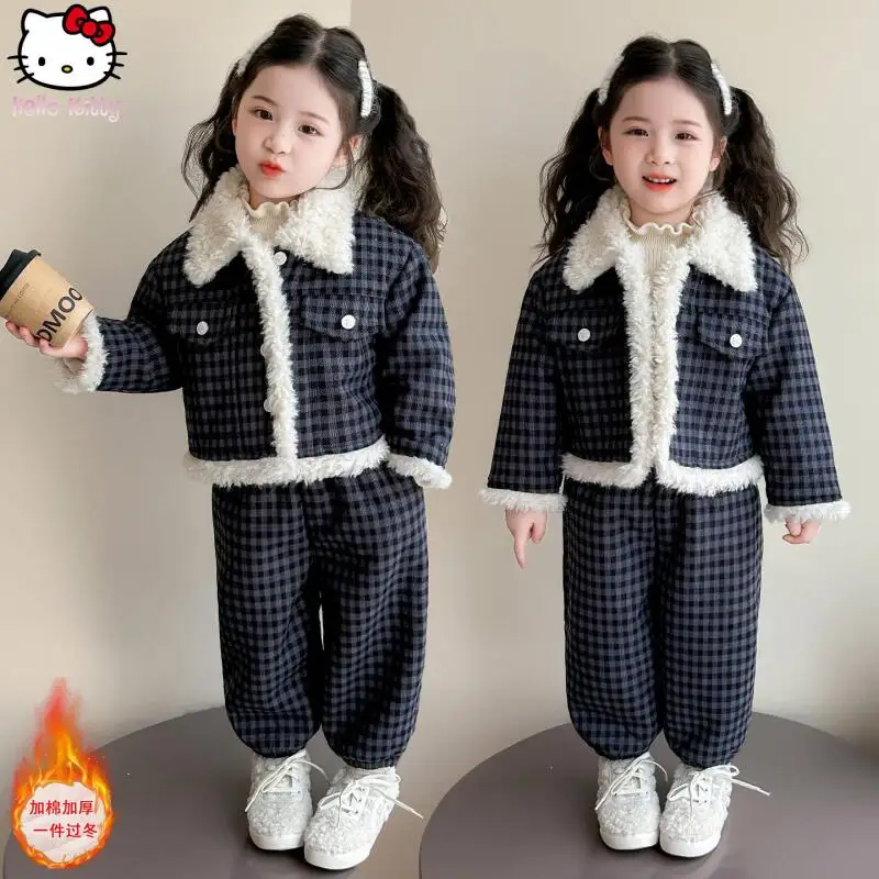 

Утолщенное пальто с лацканами и брючный костюм для девочек, осенне-зимний костюм с героями мультфильмов, новое детское теплое хлопковое пальто Kawaii, комплект из двух предметов