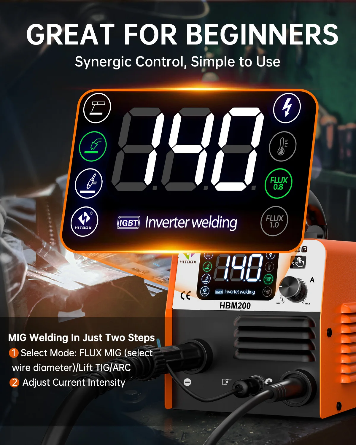 ماكينة لحام HITBOX 3 في 1 MIG 220 فولت MMA/Lift TIG/MIG بدون غاز شبه أوتوماتيكية لحام عاكس IGBT أدوات التآزين HBM200