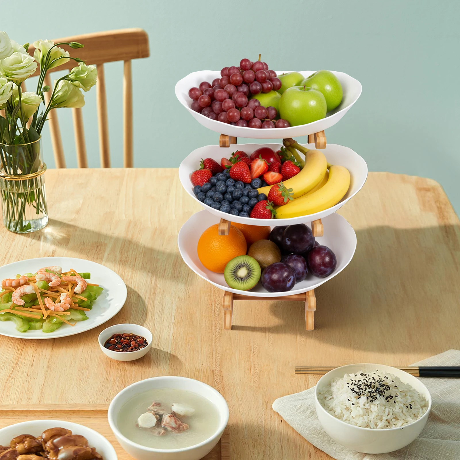 Three Tier Serving Bowls with Bamboo Stand