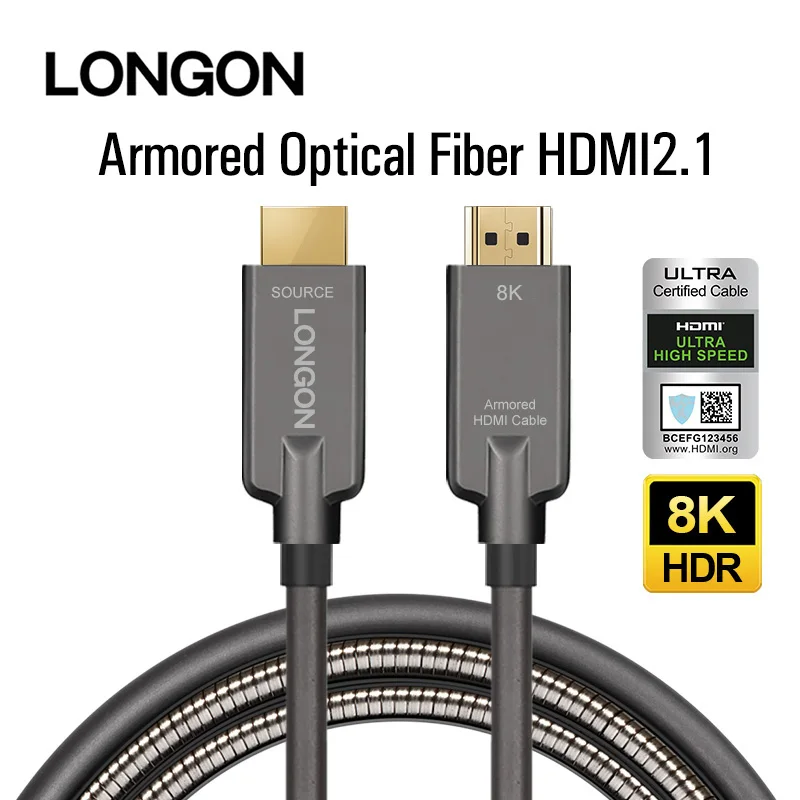 LONGON Certified HDMI2.1 Armored Optical Fiber 8K Cable 4K120hz eARC HDR 144Hz HDMI2.0 For PS5 RTX3070 3080 Xbox TV 10m 20m 100m