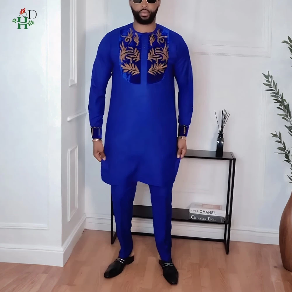 

H & D африканская одежда для мужчин, традиционные комплекты Agbada, комплект из 2 предметов, синяя рубашка, брюки, комплект с вышивкой, костюмы для свадебной вечеринки, большие размеры