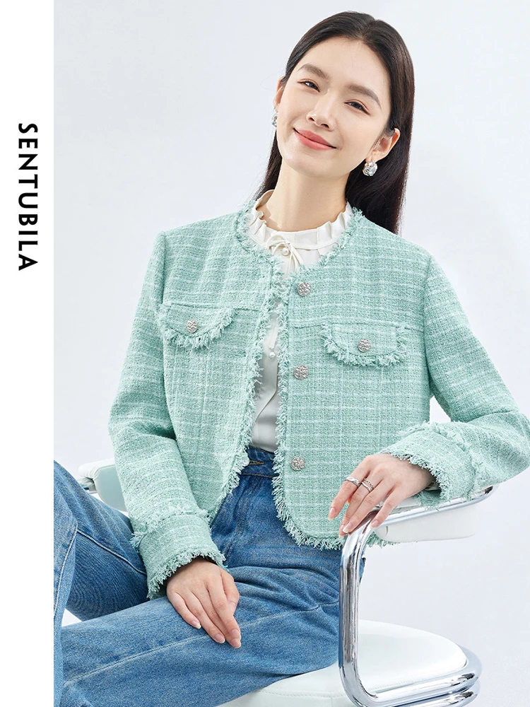 

SENTUBILA Women Spring Autumn Textured Tweed Jackets 2024 Fashion Tassel Cropped Coat Long Sleeve Outerwear Clothing 141W53004