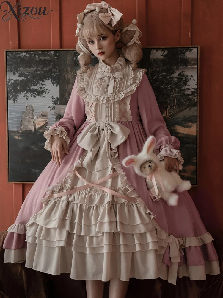オリジナルフレンチスタイルエレガントプリンセスロリータドレスファッションボールガウン女性のミッドレングス長袖ドレス秋冬