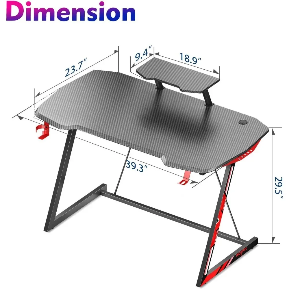 Gaming Desk with LED Lights, Small Gaming Table Desk 39 inch Z Shaped, Gamer Desk Ergonomic Sturdy, Computer Desk, Black