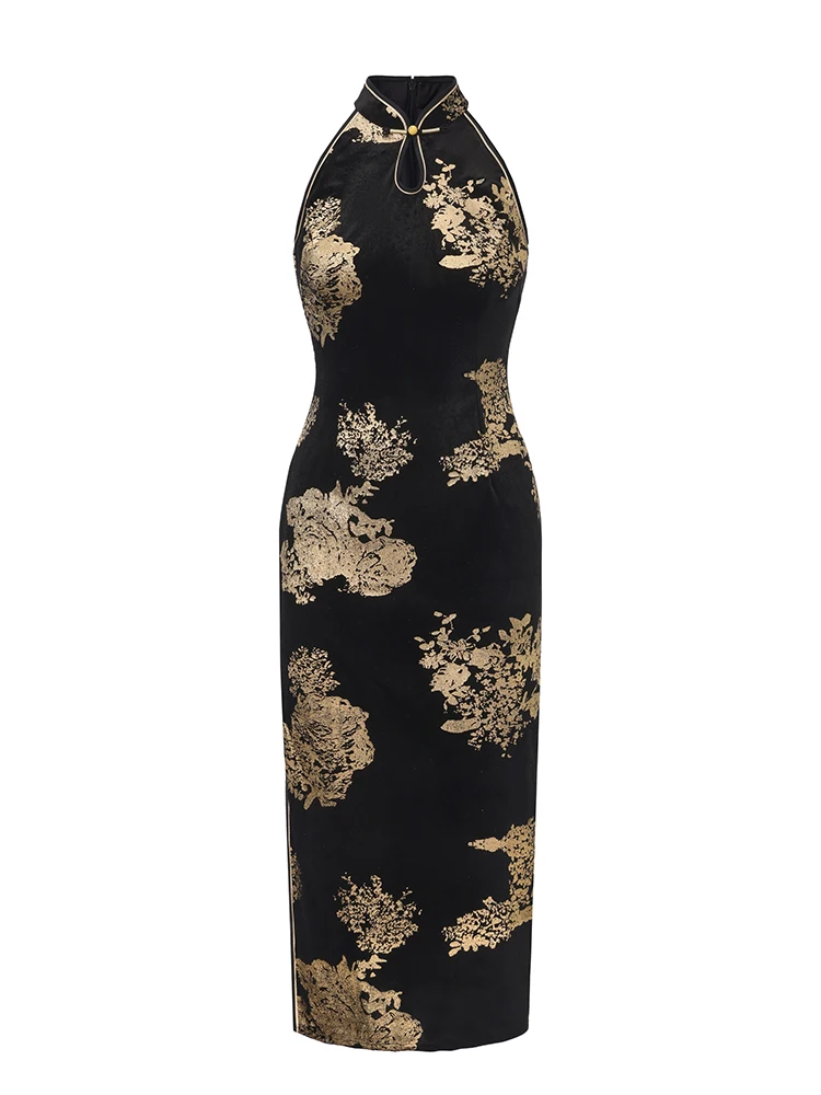 

Новое китайское длинное платье-ципао из черного бархата с принтом для молодых девушек, повседневное, с открытой спиной