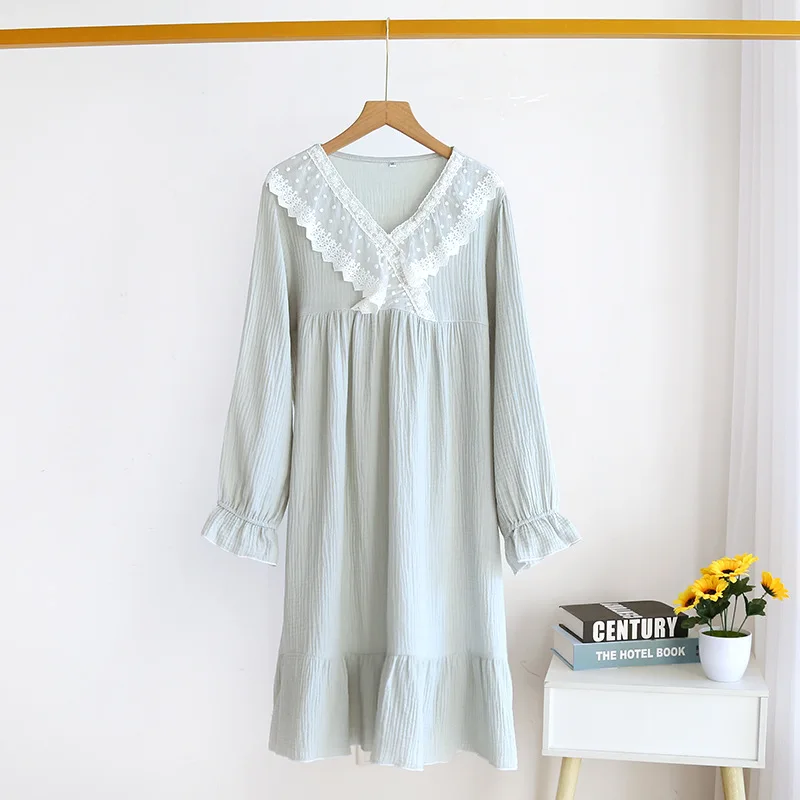 Japanese new spring and summer ladies nightdress 100% cotton crepe long skirt sweet princess long sleeve skirt plus size women