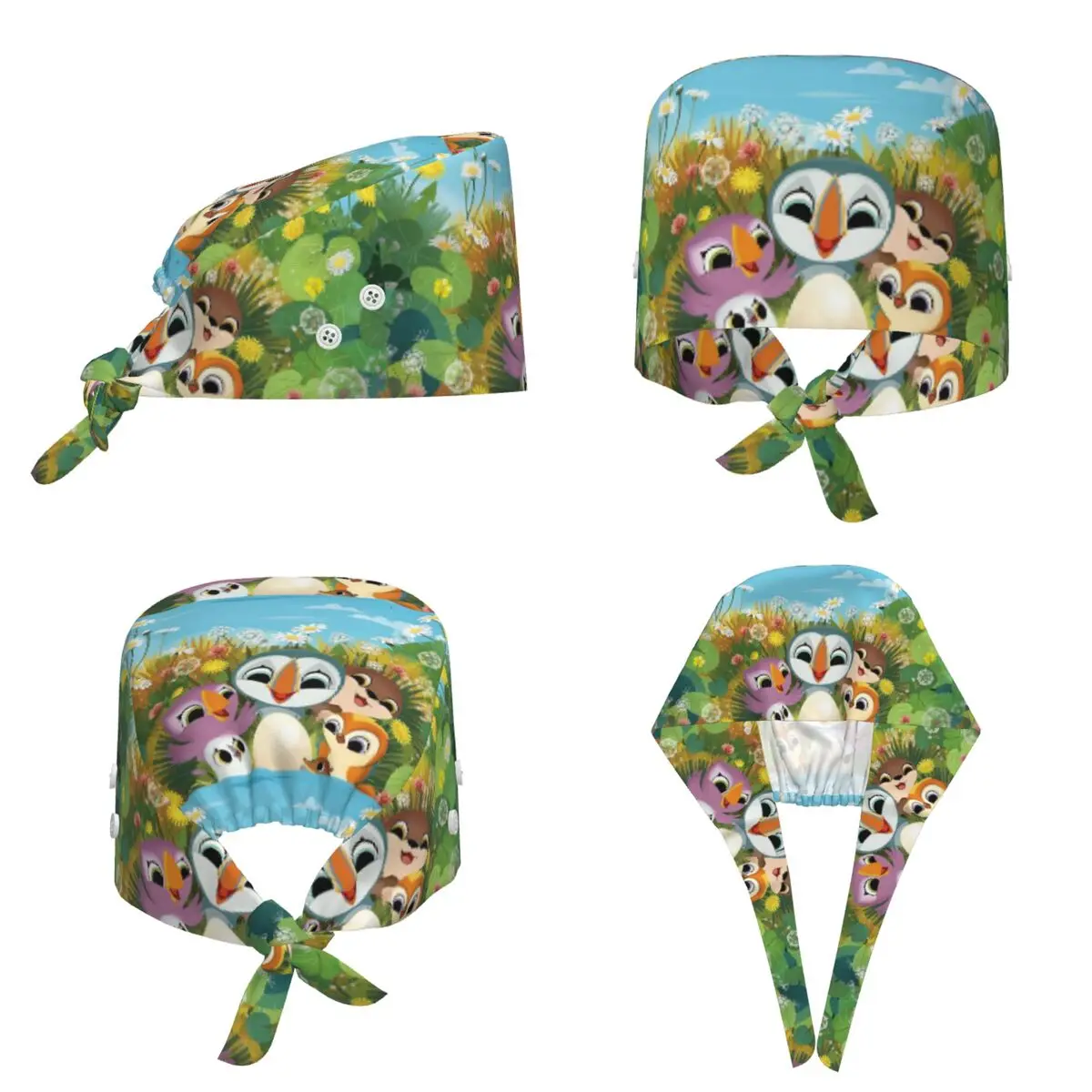 Puffin Rock Cartoon Scrub Hat Doctor Working Surgical Cap Unisex Adjustable Nursing Caps for Dentist
