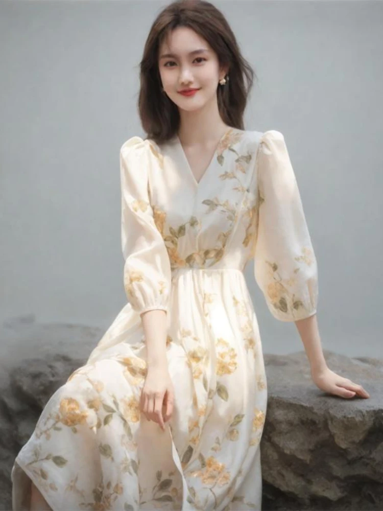 Japan Style Wrapped Sleeves Floral Vestidos De Mujer Sweet Pleated Slim Waist Women Dress 2024 High-End Chiffon V-neck Dress