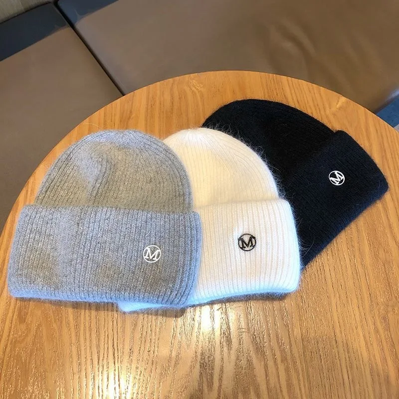 Women Hat Winter Warm Fashion Letter M Rabbit Knitted Hat Bonnet Streetwear Korean Skullies Beanies for Women Winter Hat