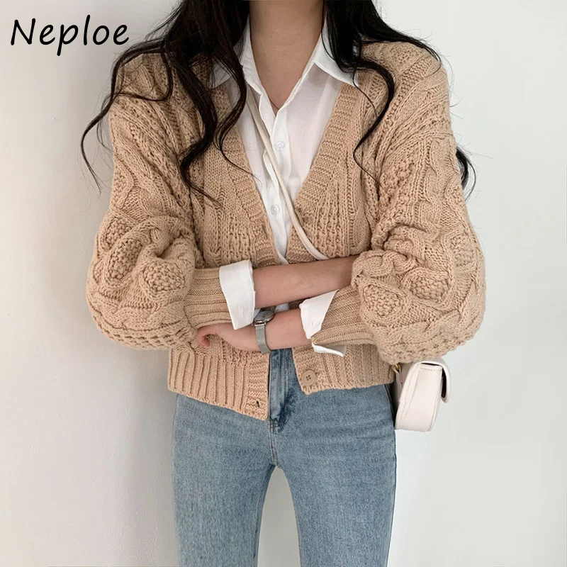 Neploe Loose Lantern Sleeve Twist Sweater Coat Female Autumn 2024 Korean Style Chic Knitted Cardigan Woman V-neck Short Sweater
