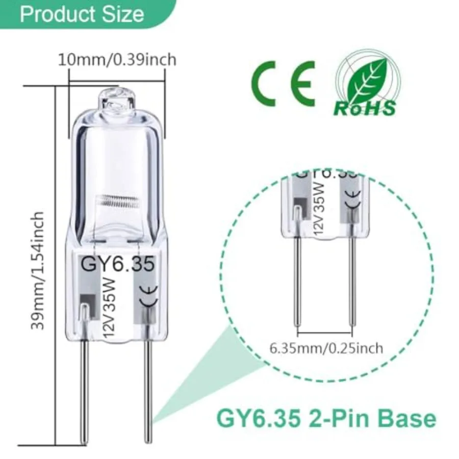 GY6.35 Halogen Light Bulbs 12 Volt 35 Watt, 12 Pack 2 Pin GY6.35 Base Bulb, Replacement T4 Tubular JCD Type Bulb for Ceiling Li view 2