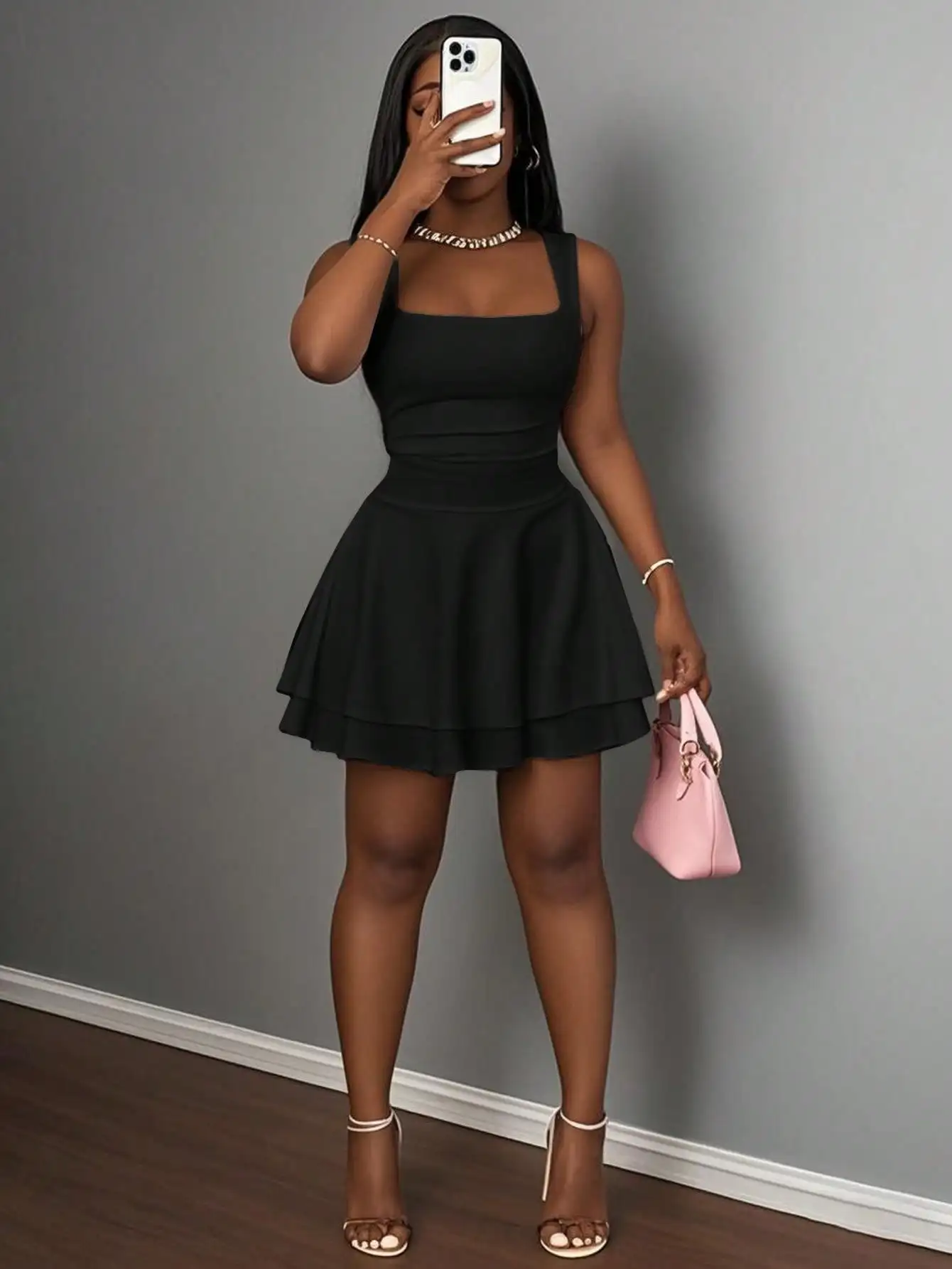 

Черное мини-платье А-силуэта с квадратным вырезом и драпировкой, двухслойное, для женщин