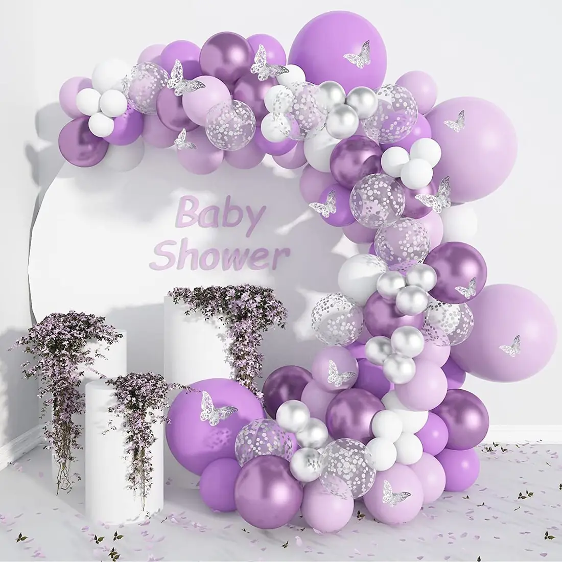 

148pcs Purple Balloon Arch Set 3D Sliver Butterfly Sticker White Purple Latex Balloon Adult Child Birthday Wedding Party Deocrs