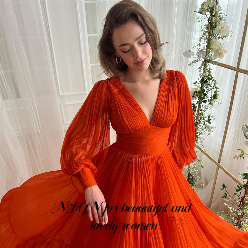 

NFYN Orange Long Chiffion Evening Dresses V Neck Party Dress For Wedding Pleat Puffy Sleeves Special Occasion Dress Customized