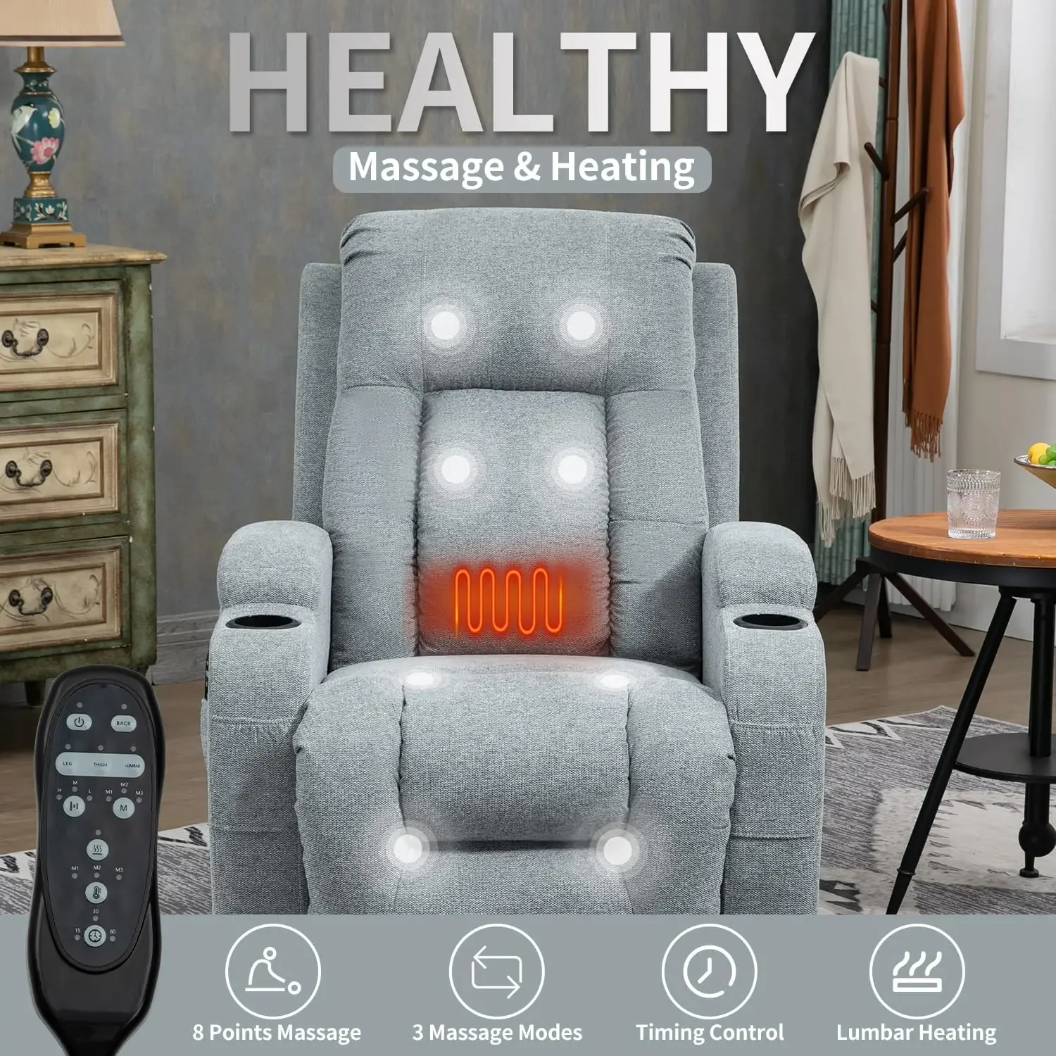 2024 Power Lift Recliner Chair with Heat for Elderly Electric Recliner Chairs with Standing Assistance 2 Cup Holders