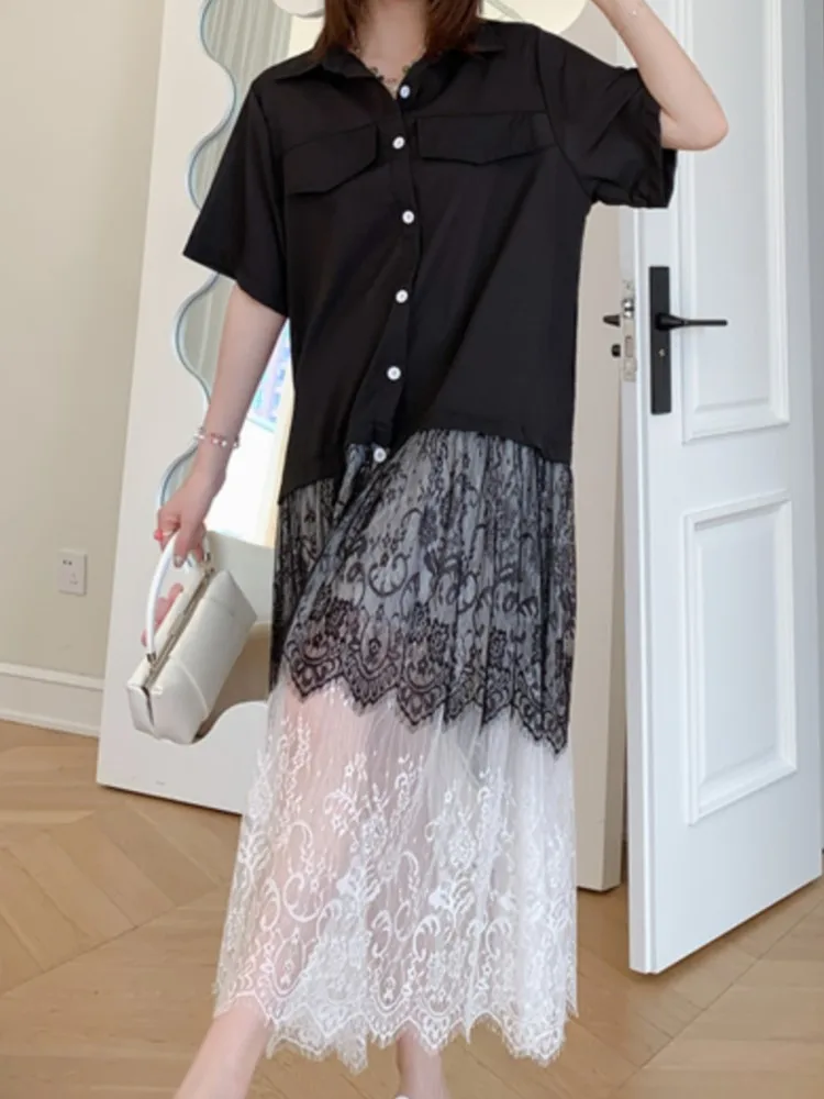 Summer Fashion Women Cothes Turn-down Collar Short Sleeves Lace Spliced Single Breasted Shirt Dress Ladies Dresses Tide