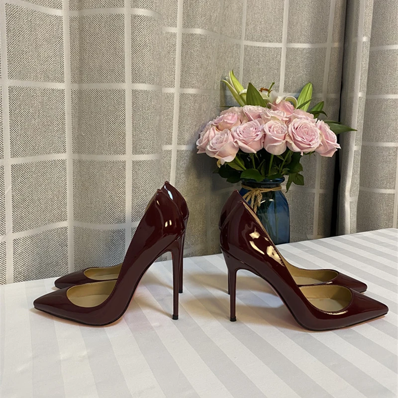 Classic Claret 12cm High Heels Shoes Woman Pumps 10cm Tacones Pointed Toe Stilettos Sexy Wedding Party Shoes QKOU006 ROVICIYA