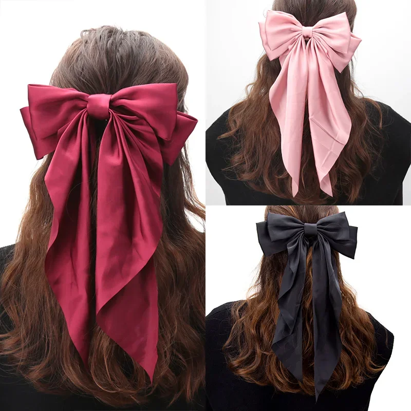 

Elegant Women Bow Ribbon Hair Clip Fashion Simple Solid Satin Spring Clip Hair Pin Retro Headband Clips Girls Hair Accessories