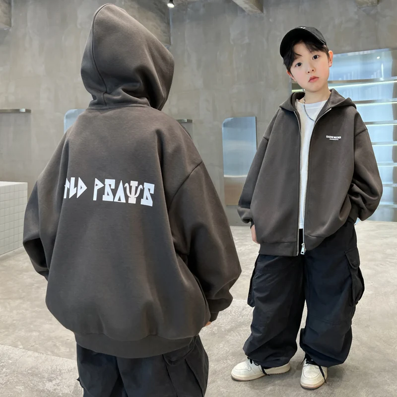 New Autumn Children Zipper Coat with Hood for Teenage Boys Brief Style Casual Hoodies Jacket School Kids Fashion Outerwear 4-14Y