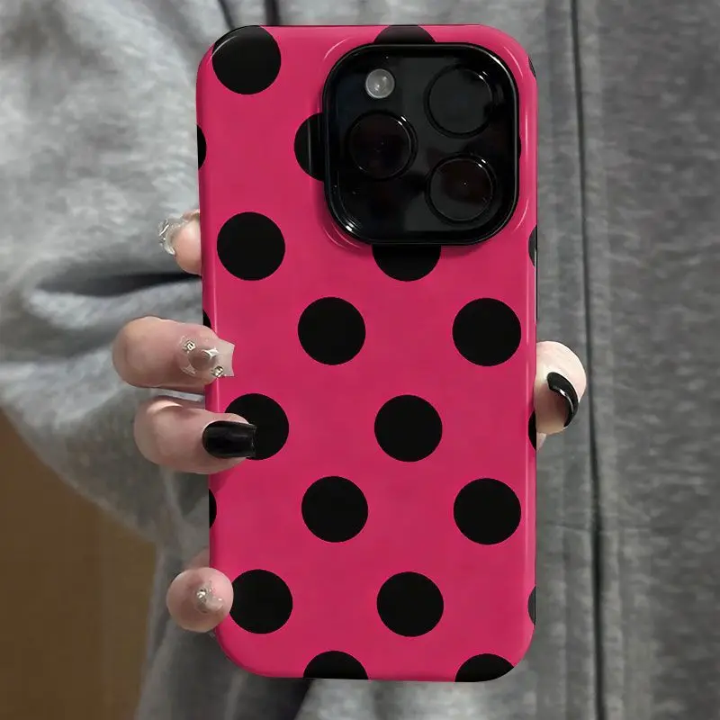 Capa de Celular Ins Summer Rosa Vermelha com Bolinhas para iPhone 17 Air 16 E 15 14 13 Mini 12 11 Pro XR XS Max Plus, Capa Traseira de Camada Dupla