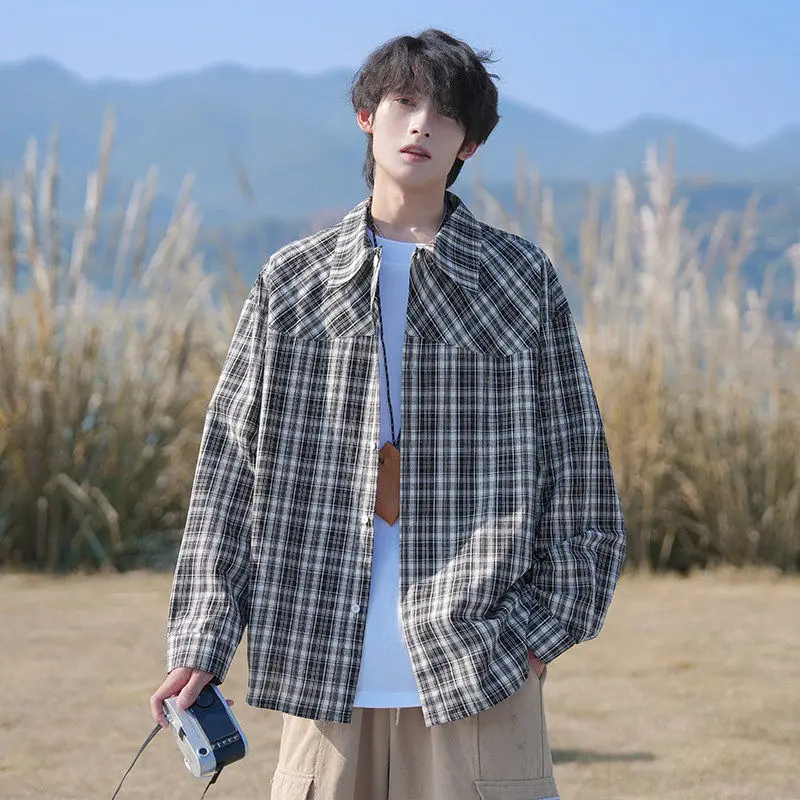 

Casual Plaid Long Sve irt Men's Loose Outerwear Spring Trendy Brand Collared irt Youth ular Daily Cotton Spring