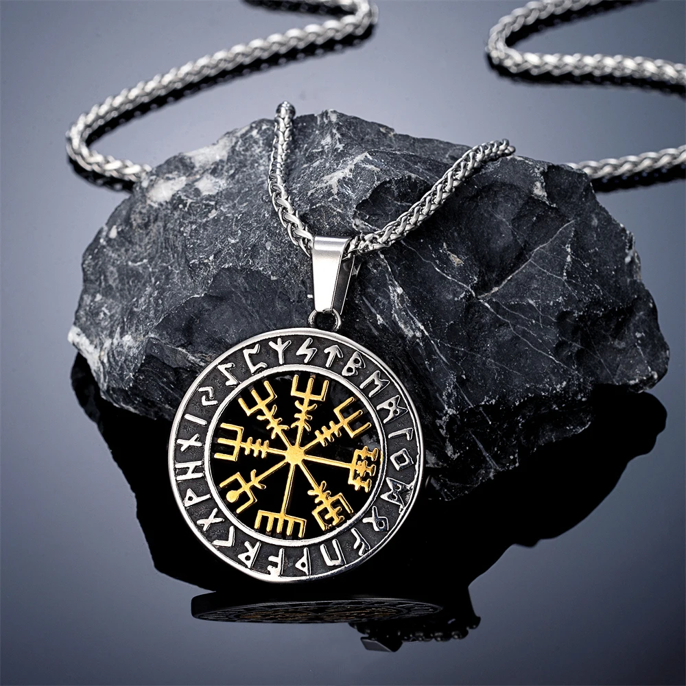 Vintage Vikings Compass Necklaces Men Two-sided Stainless Steel Vegvisir Amulet Norse Runes Trident Pendant Scandinavian Jewelry