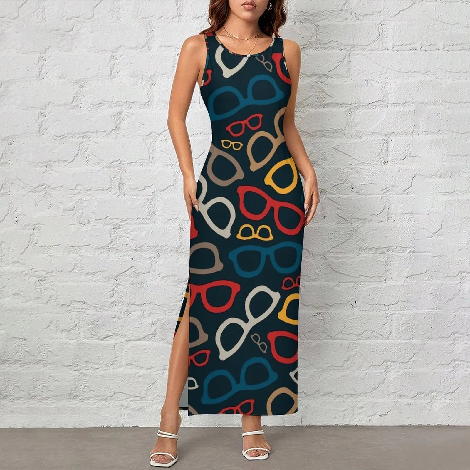 Colorful Glasses Print Bodycon Dress Spring Smart Eyeglasses Club Sexy Maxi Dresses Woman Sleeveless Streetwear Dress Large Size