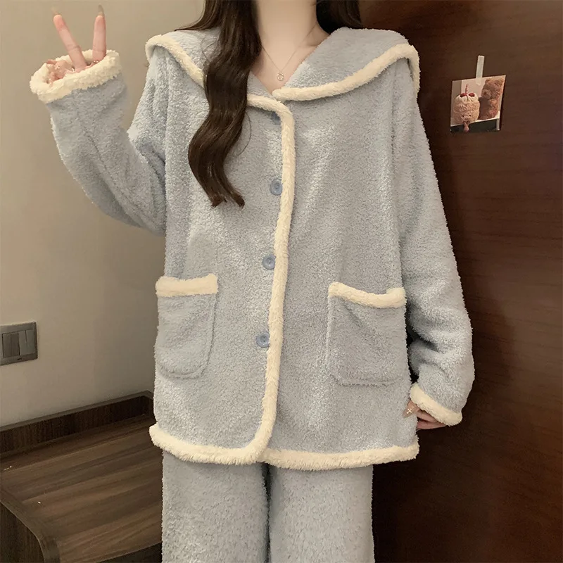 

Women's Half-Pile Pajamas Homewear Set Coral Fleece Thickened Keep Warm Female Student New Sweet Spring Autumn Winter Outerwear